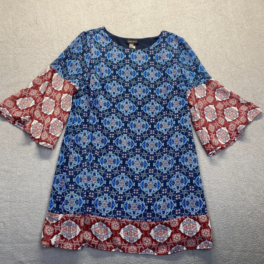 Jealous Tomato Dress Women's Size XLShift Navy Blue Medallion Bell Sleeve Lined - Picture 12 of 12